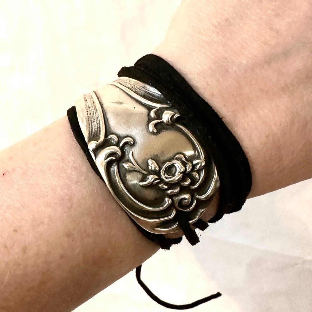 Sterling Silver Leather Cuff Bracelet Tie Wrap Yoga Antique 925 Boho Gift Suede - Picture 7 of 10